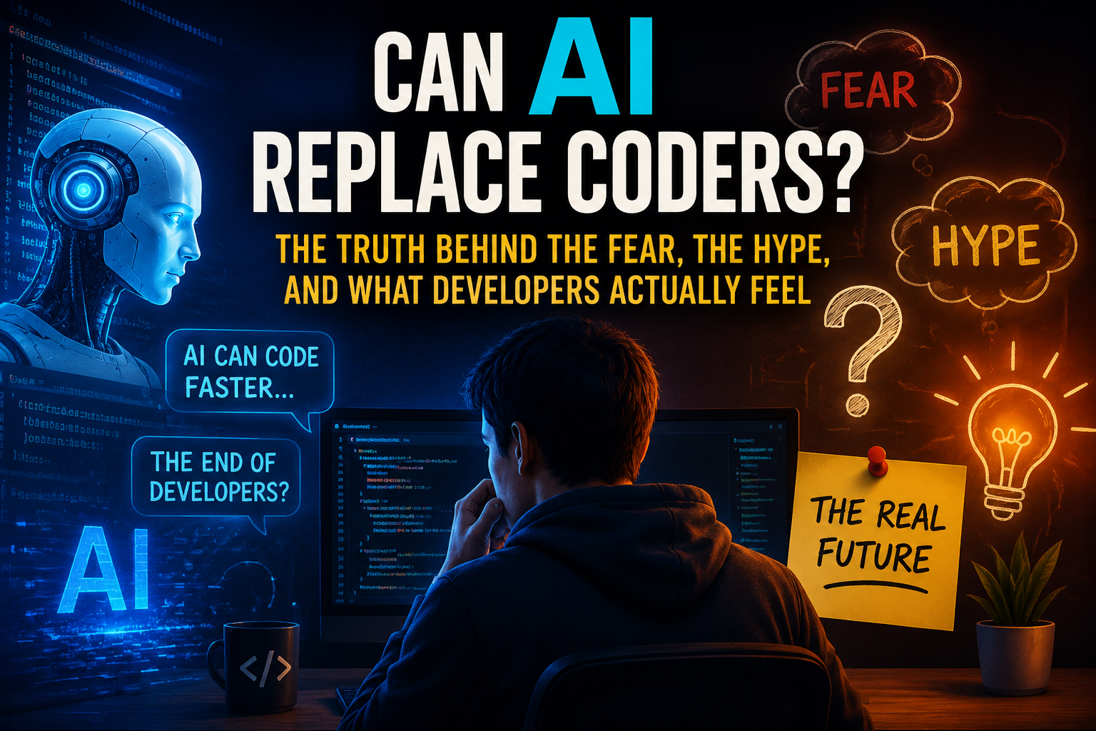 A high-tech digital graphic illustrating AI and human developer collaboration, featuring glowing code, neural network nodes, and abstract waves of data on a dark background.